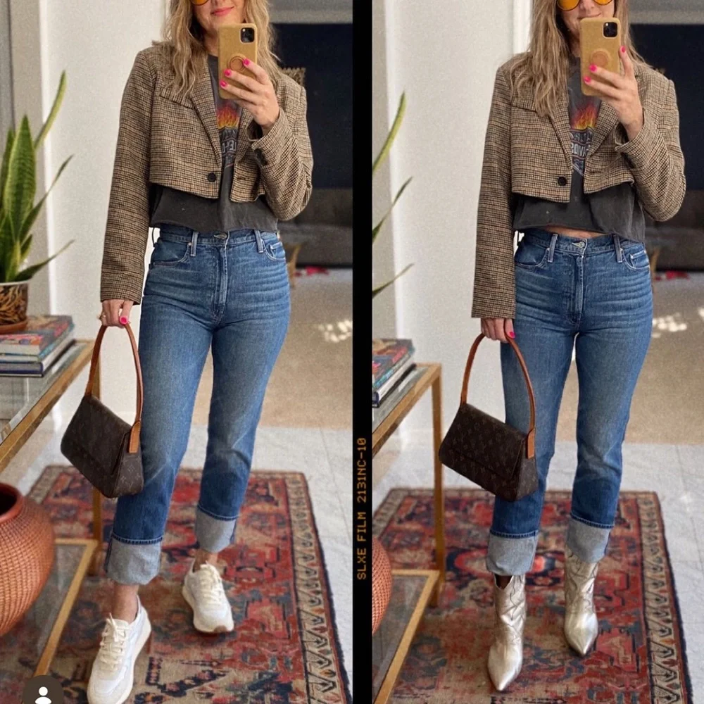 MOTHER High-Rise Straight Blue Jeans
